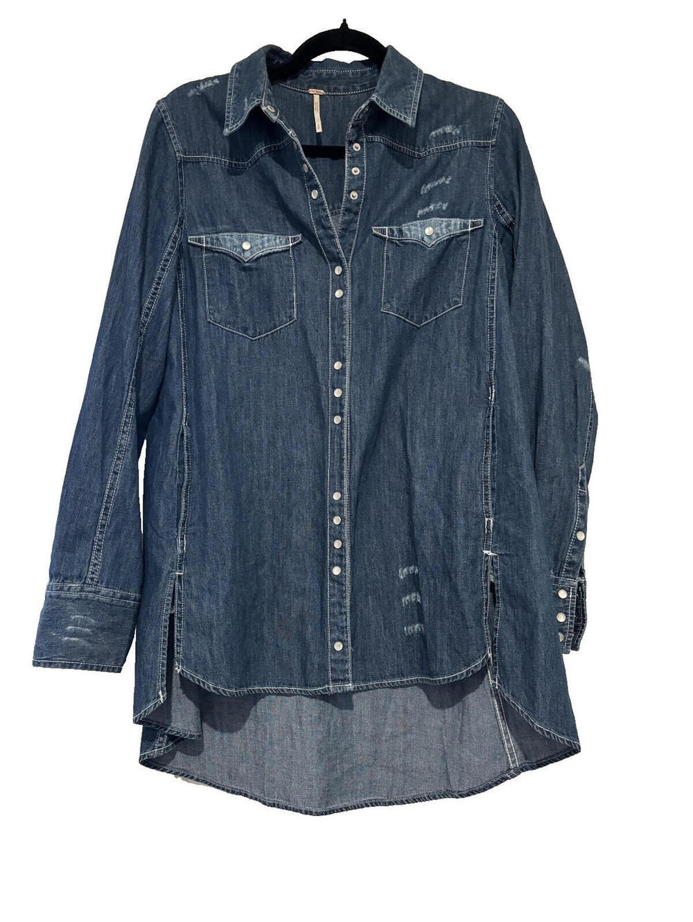 Free People Distressed Denim Button-Down Shirt/Tunic